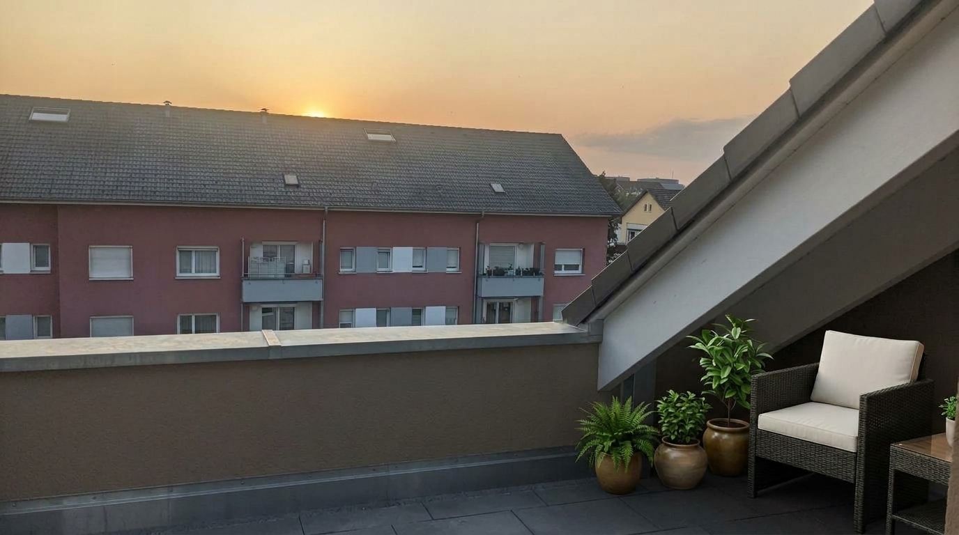 Dachterrasse bei Sonnenuntergang, beispielhaft möbliert mit Loungesessel und Pflanzen